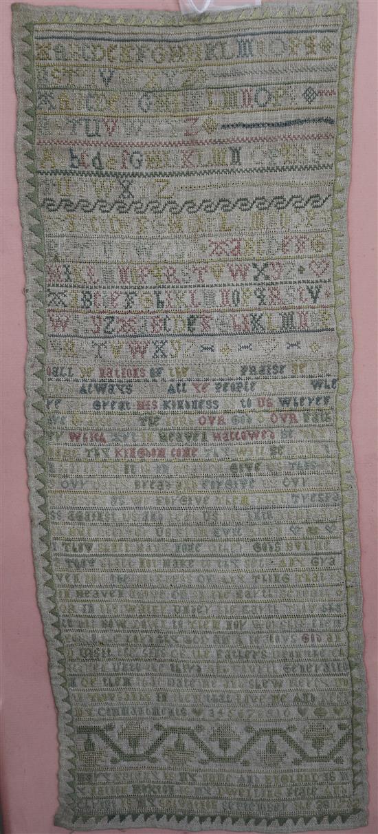 An 18th century sampler in frame